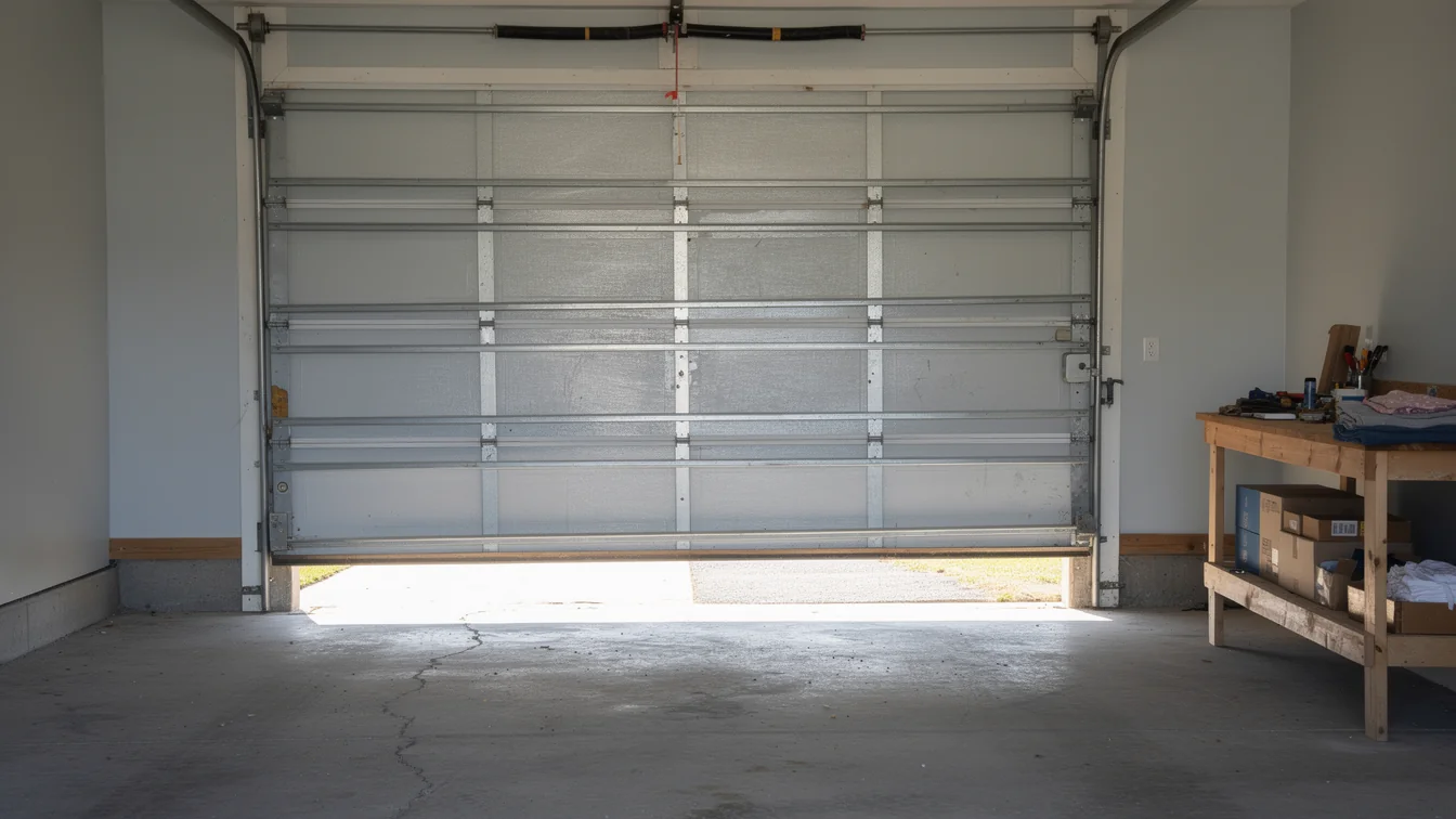 The garage door is open, revealing the interior of a garage with a workbench.