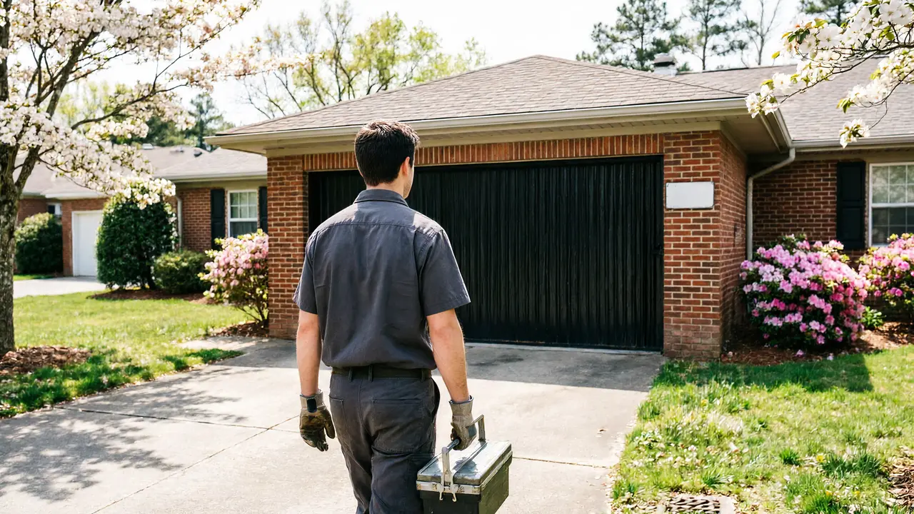 A technician carries a toolbox toward a house with a black garage door.