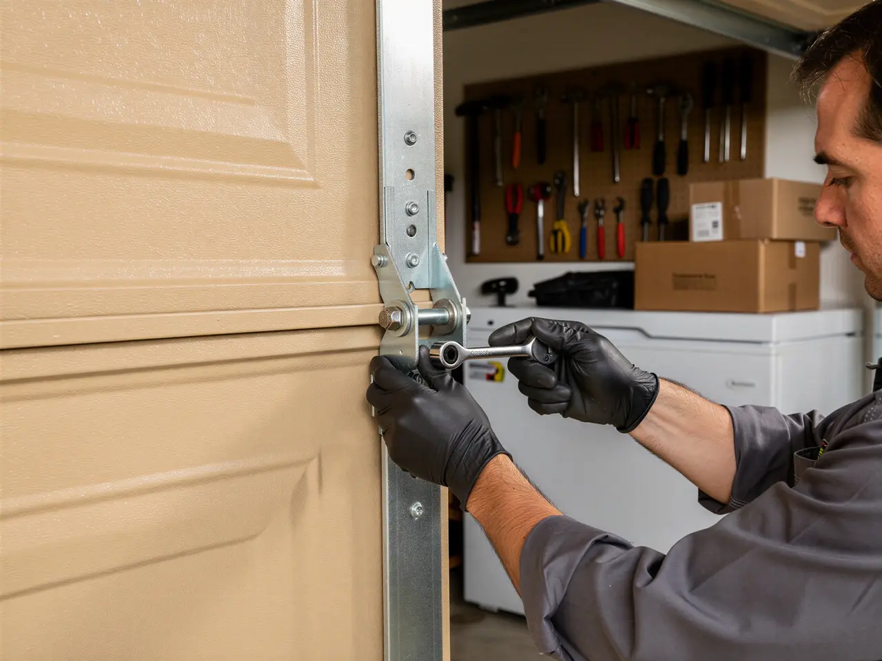 A technician in black gloves uses a wrench to adjust a garage door hinge.