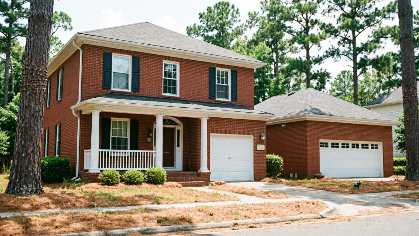 A red brick house with a white single garage door and a separate two-car garage.