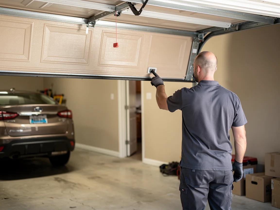 A technician in a gray shirt is adjusting a beige garage door.