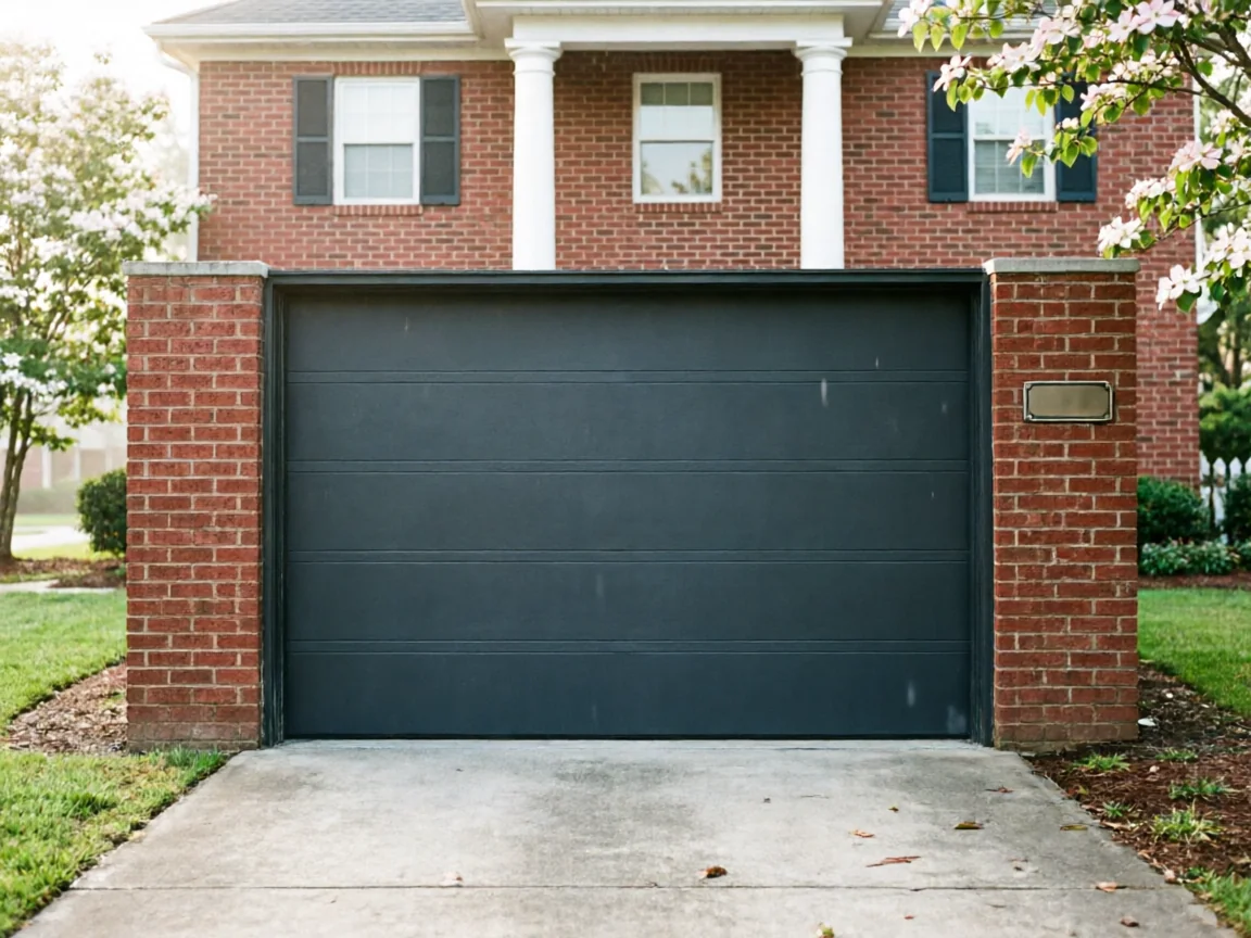 The dark gray garage door is closed on a brick house with a green lawn.