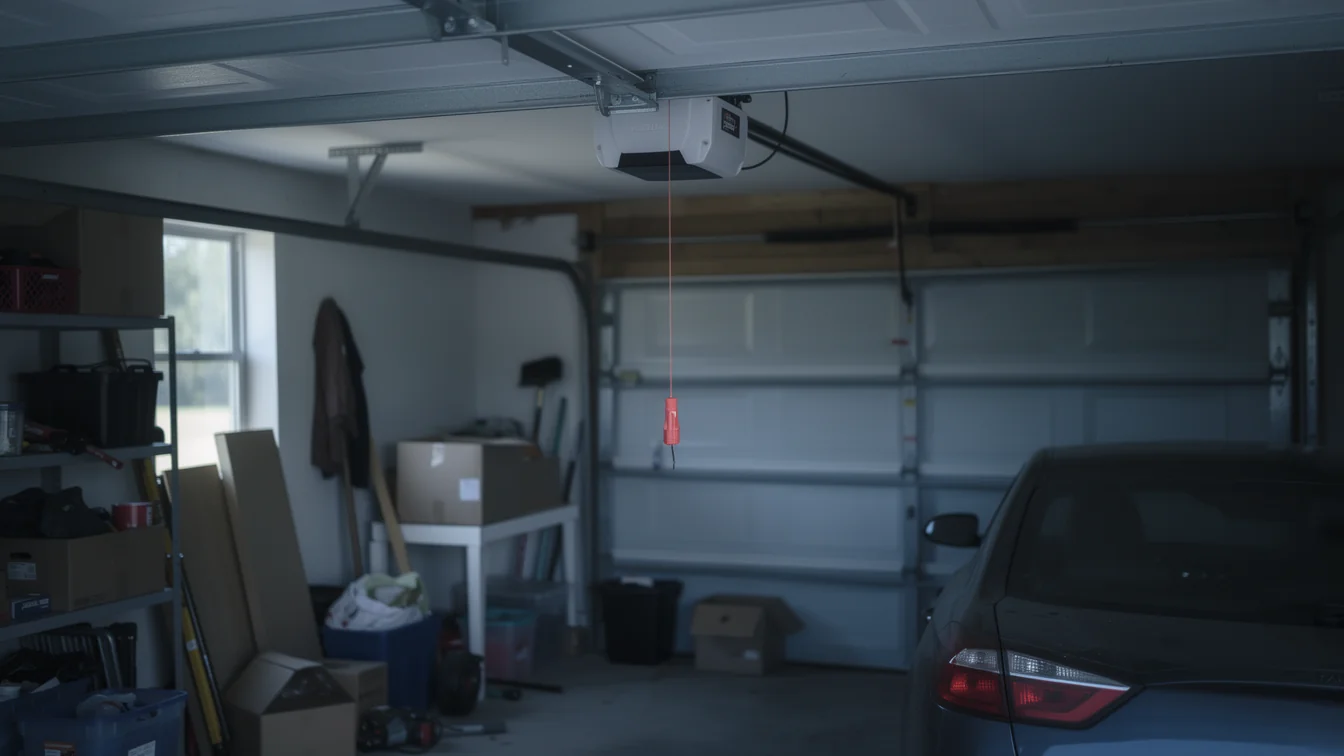 A garage door opener is mounted to the ceiling with a red emergency release cord.